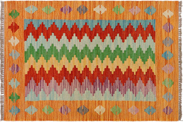 Flat Weave Kilim, Antique, Navaho, Vintage, Handmade, Modern Kilim Rust Blue Hand-Woven Rectangle 100% Wool Area Rug 2 x 3